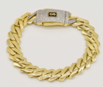12mm Monaco Chain Miami Cuban Link Edge Bracelet CZ Lock 10K Yellow Gold