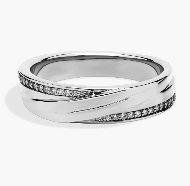image Diagonal Lined with Pavé Diamond Edge Men's Wedding Ring in Platinum (1/8 ct. tw.) - Image 1